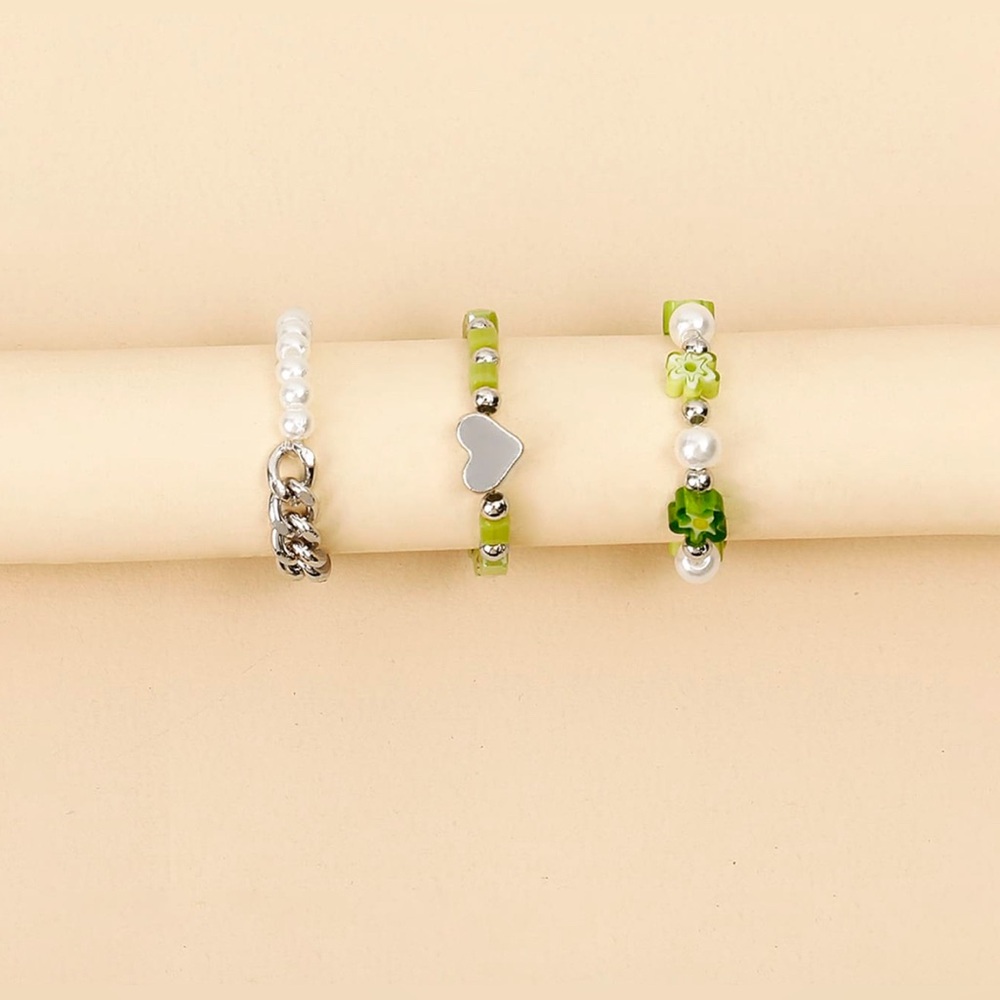 SHEIN Green and White Beaded Rings Set